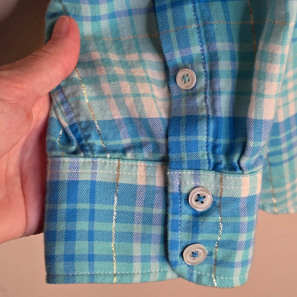 Talbots Button Shirt Womens 1X Blue Plaid Metallic Lightweight Flannel Autumn - Picture 3 of 8